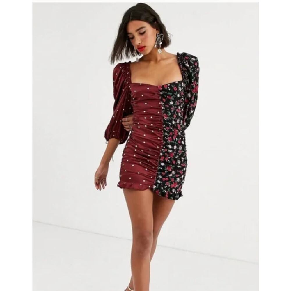 For Love & Lemons Cher Ruched Mini Dress Bodycon Mixed Floral Print Puff Sleeve